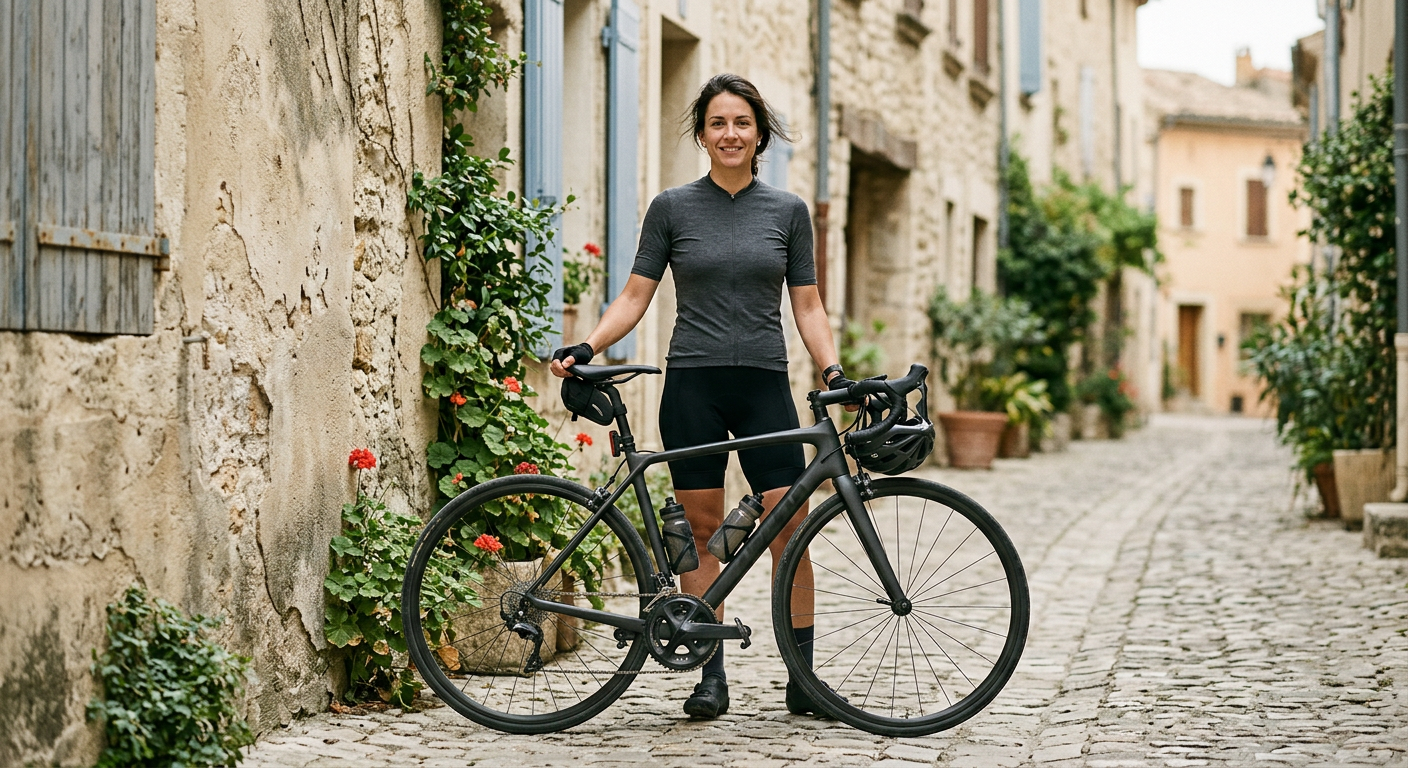 Cycliste souriante tenant son vélo dans une ruelle, portant le maillot gris Dolcevitessa