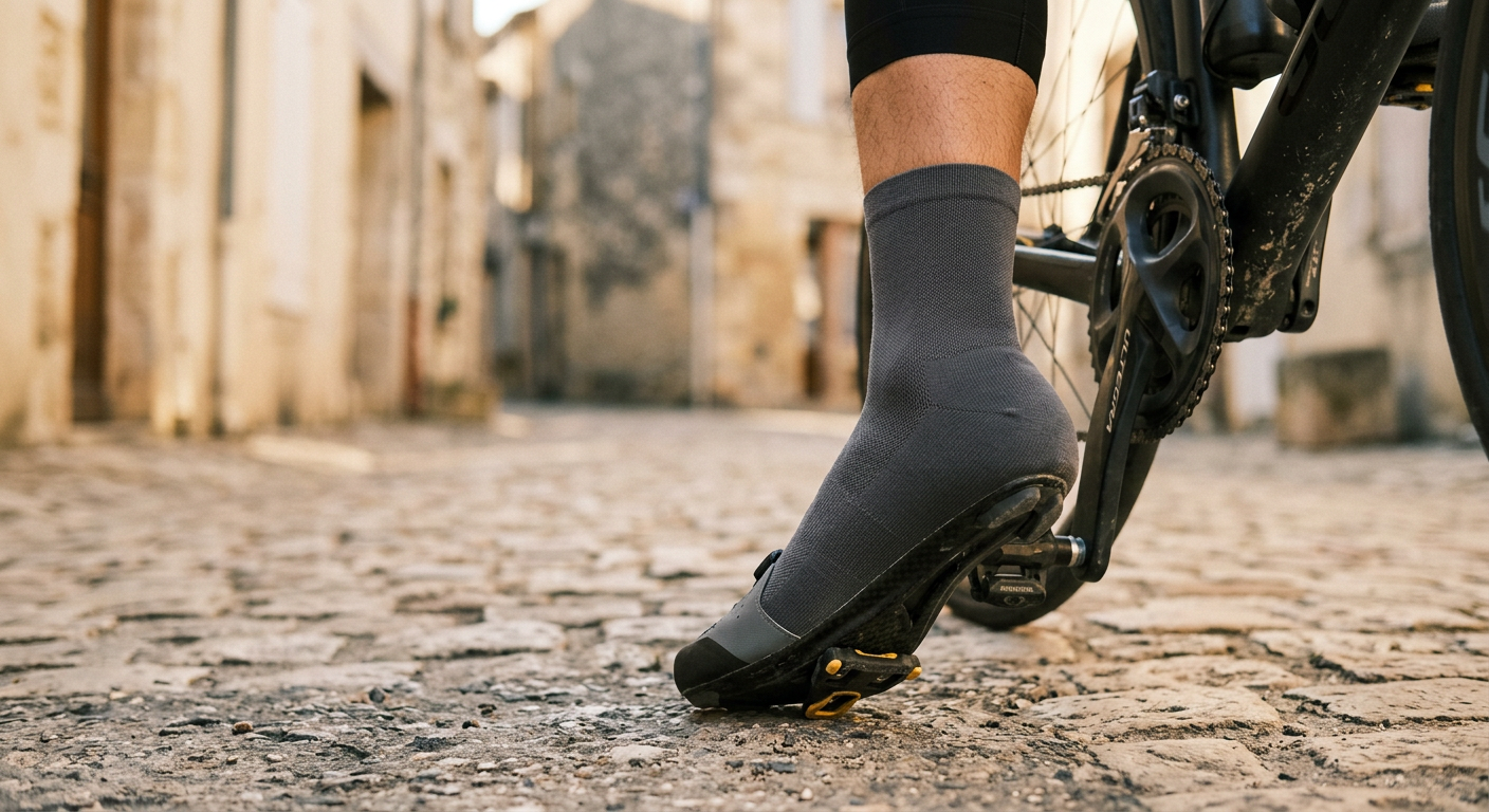 Détail d'une chaussette grise Dolcevitessa sur un pied clipsé à une pédale