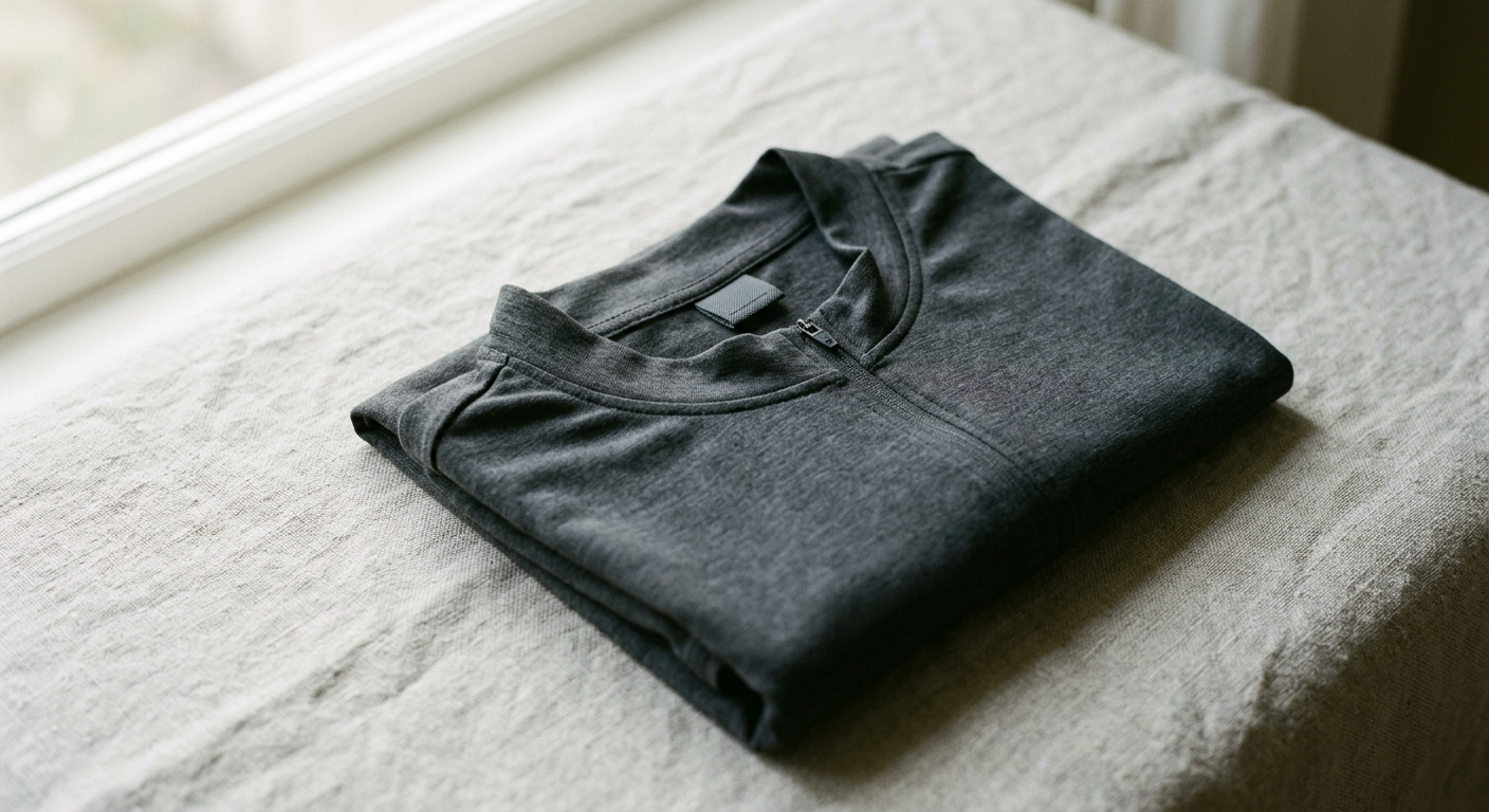 Maillot gris Dolcevitessa plié sur un linge, prêt à être choisi