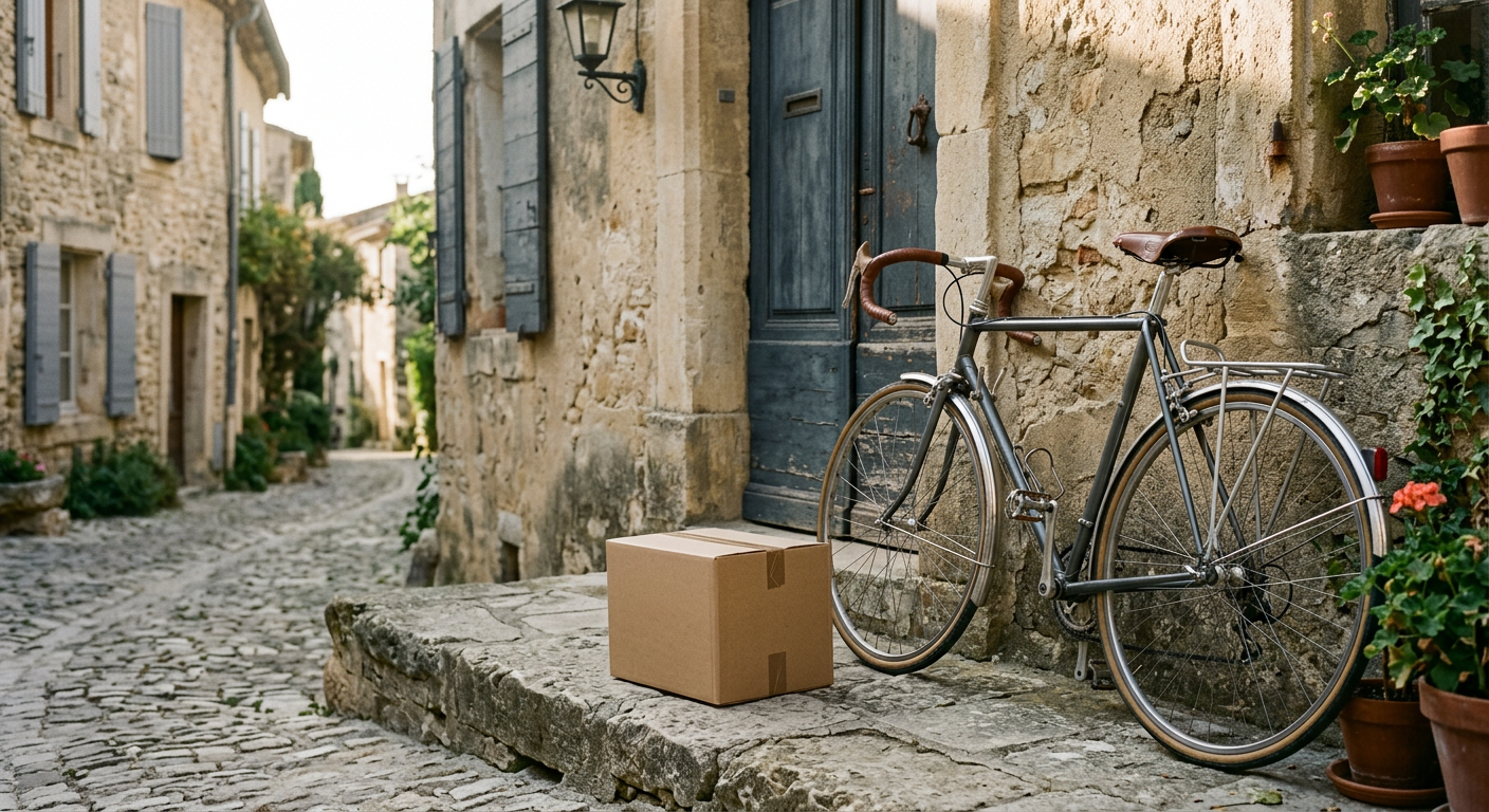 Colis déposé devant une porte, vélo de route appuyé contre le mur