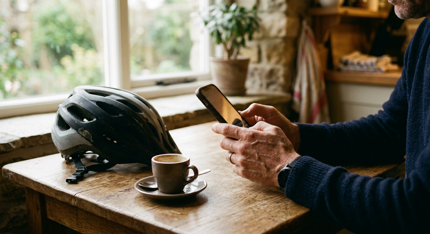 Cycliste réglant sa commande sur son téléphone, casque posé sur la table